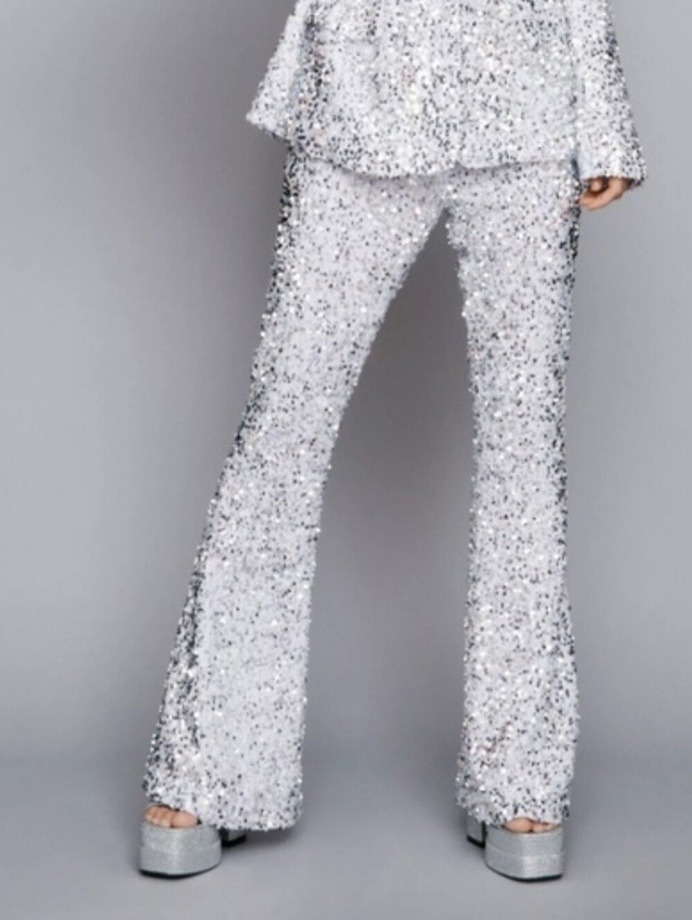 New Pretty Little Thing Tall Silver Split Hem Velvet Sequin Flare Pants Size 10